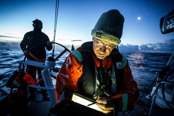 Onboard Team Alvimedica - Will Oxley checks the on-deck display before gybing in front of Mapfre,visible behind Charlie Enright on the wheel - Leg five to Itajai -  Volvo Ocean Race 2015 ©  Amory Ross / Team Alvimedica